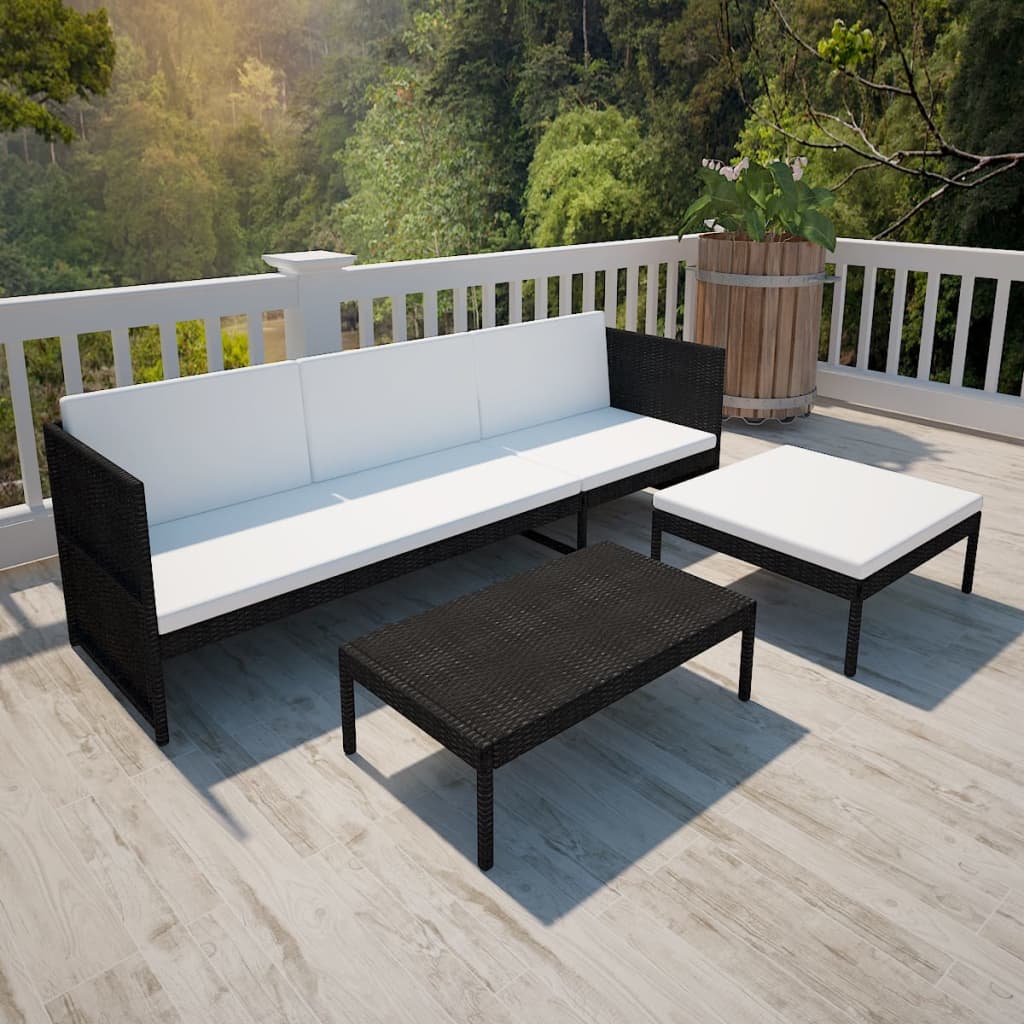3 pcs conjunto lounge para jardim c/ almofadões vime PE preto