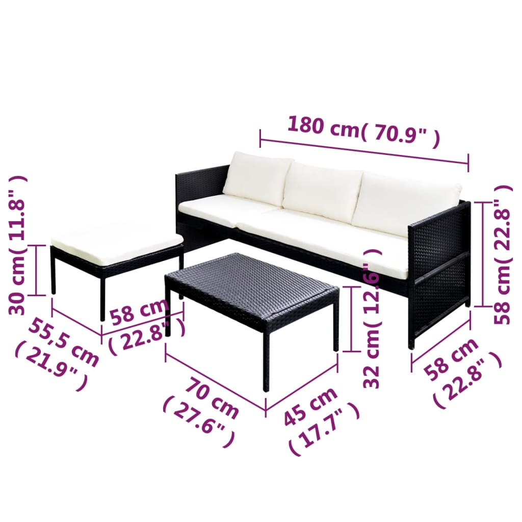 3 pcs conjunto lounge para jardim c/ almofadões vime PE preto