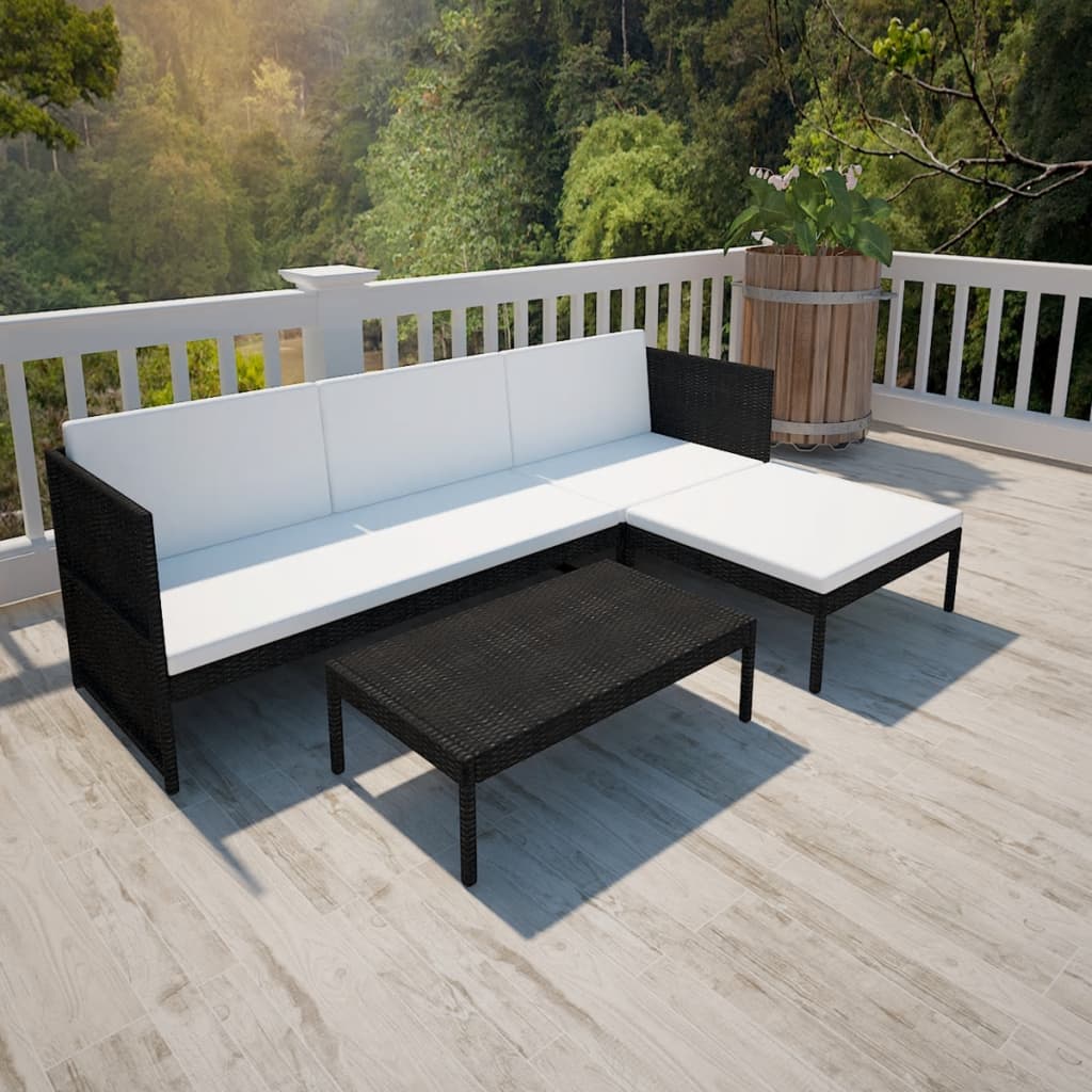 3 pcs conjunto lounge para jardim c/ almofadões vime PE preto