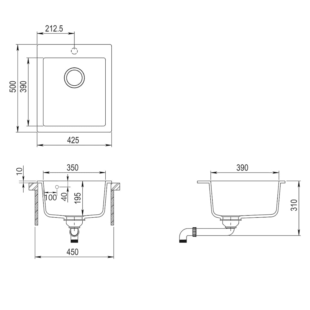 Lava-louça de bancada com 1 cuba em granito cinzento