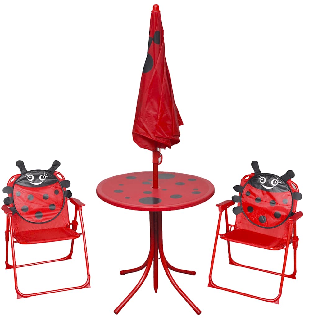3 pcs conjunto bistrô de jardim infantil c/ guarda-sol vermelho