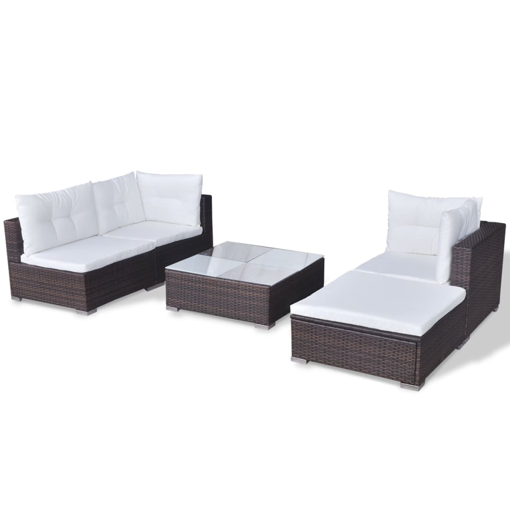 5 pcs conjunto lounge jardim c/ almofadões vime PE castanho