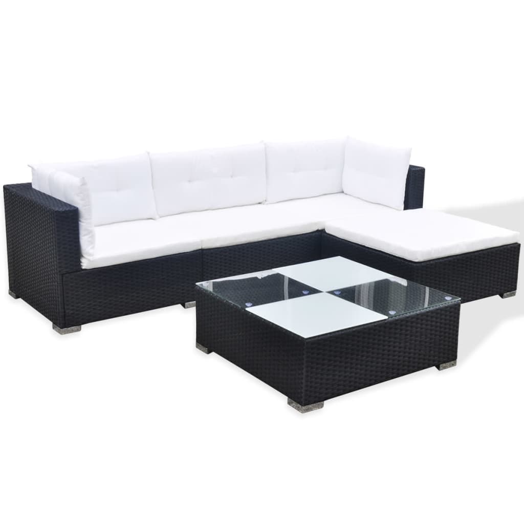 5 pcs conjunto lounge de jardim c/ almofadões vime PE preto
