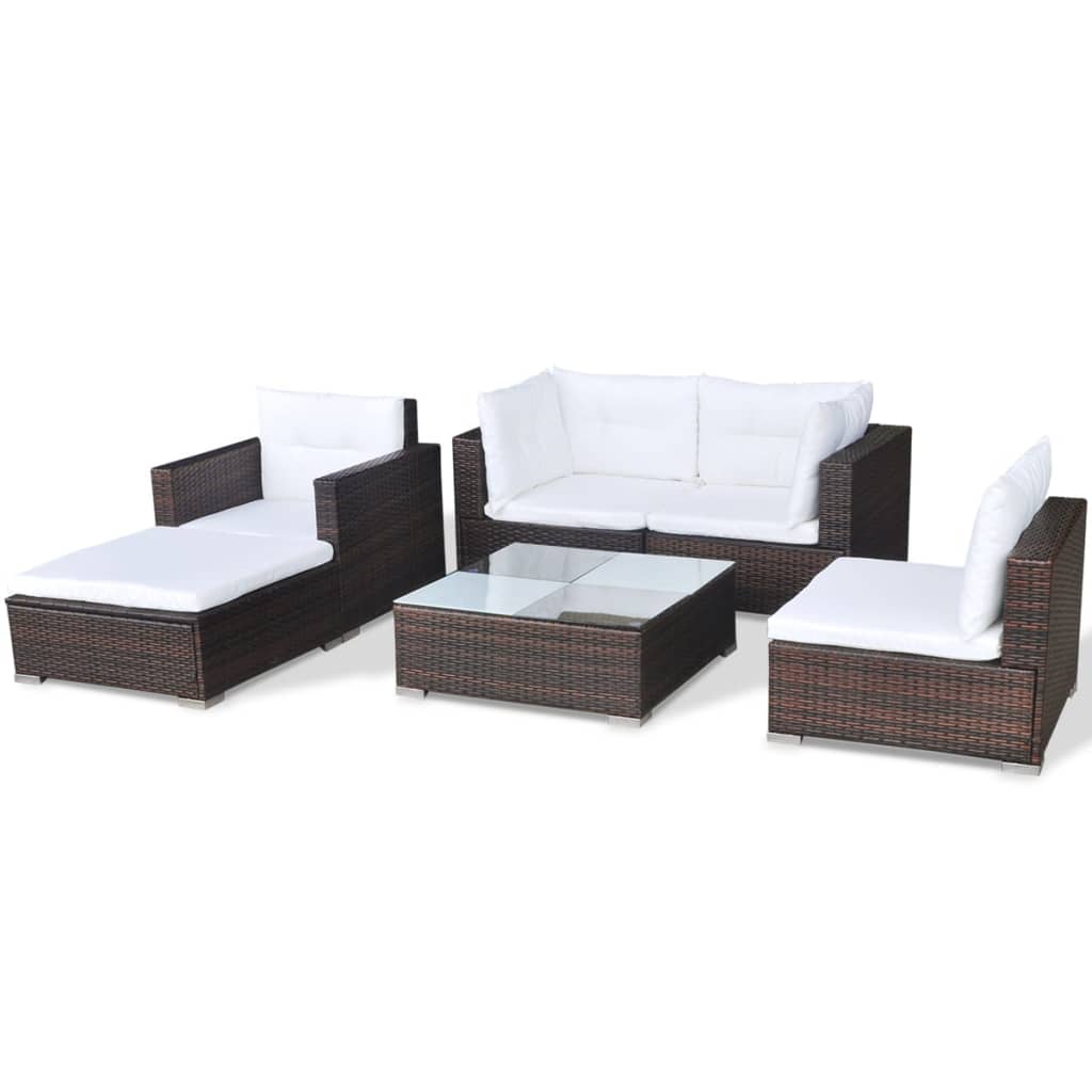 6 pcs conjunto lounge jardim c/ almofadões vime PE castanho