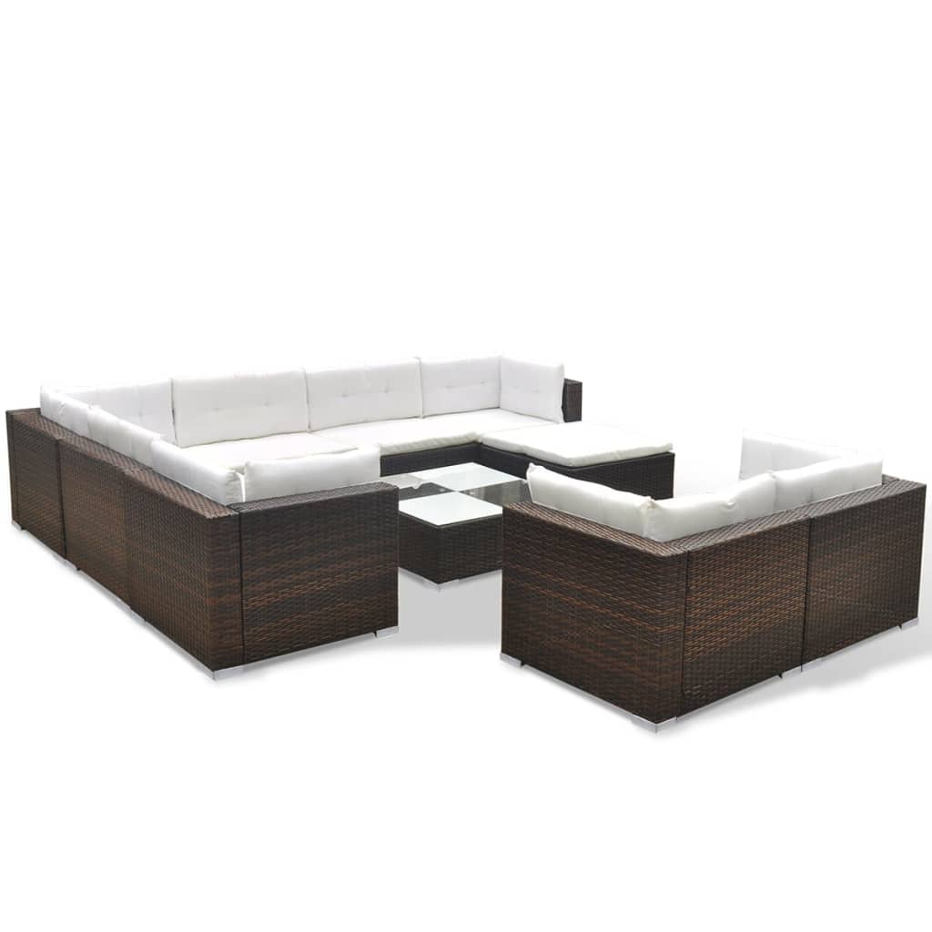 10 pcs conjunto lounge jardim c/ almofadões vime PE castanho