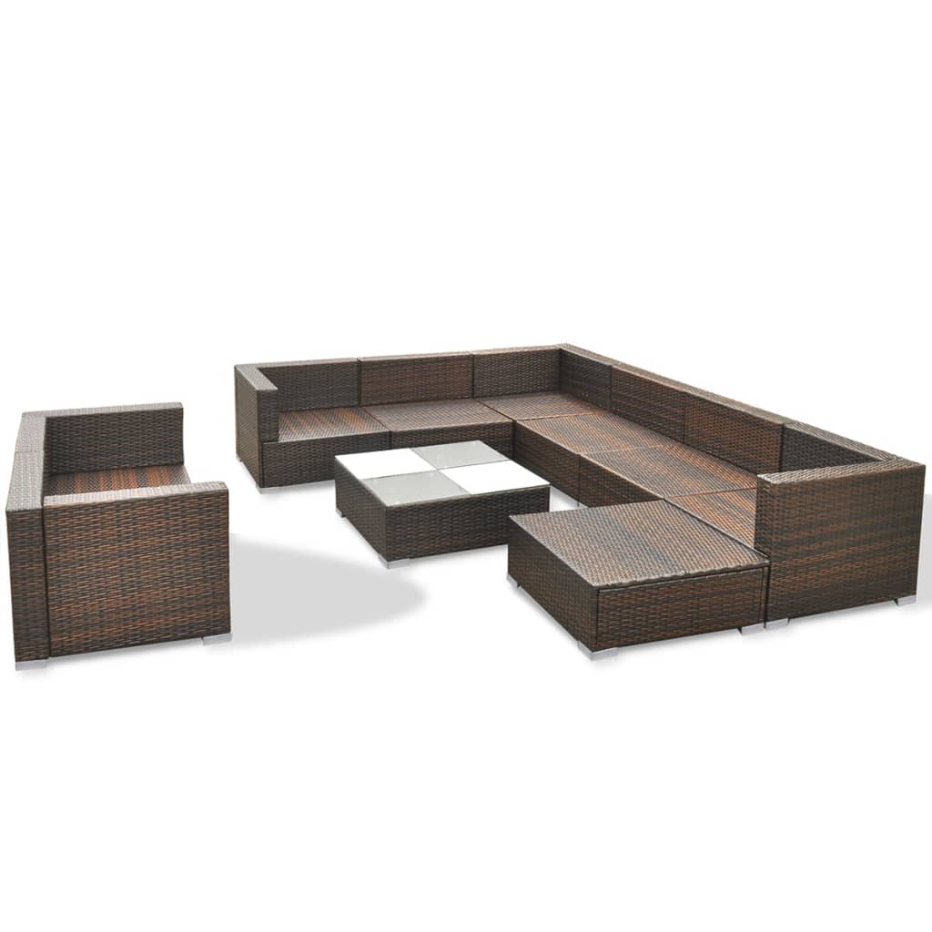 10 pcs conjunto lounge jardim c/ almofadões vime PE castanho