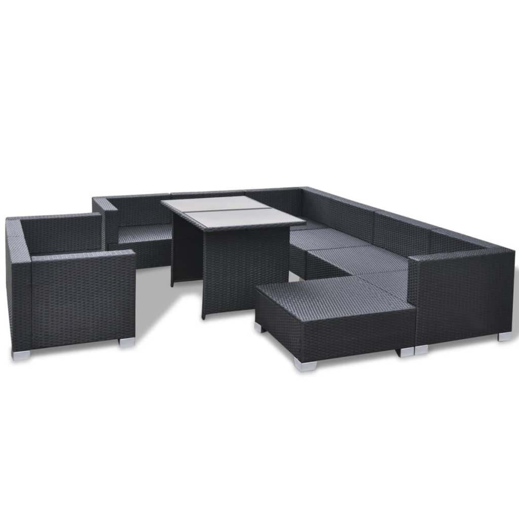 10 pcs conjunto lounge de jardim c/ almofadões vime PE preto