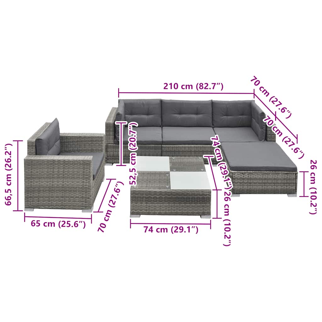 6 pcs conjunto lounge de jardim c/ almofadões vime PE cinzento