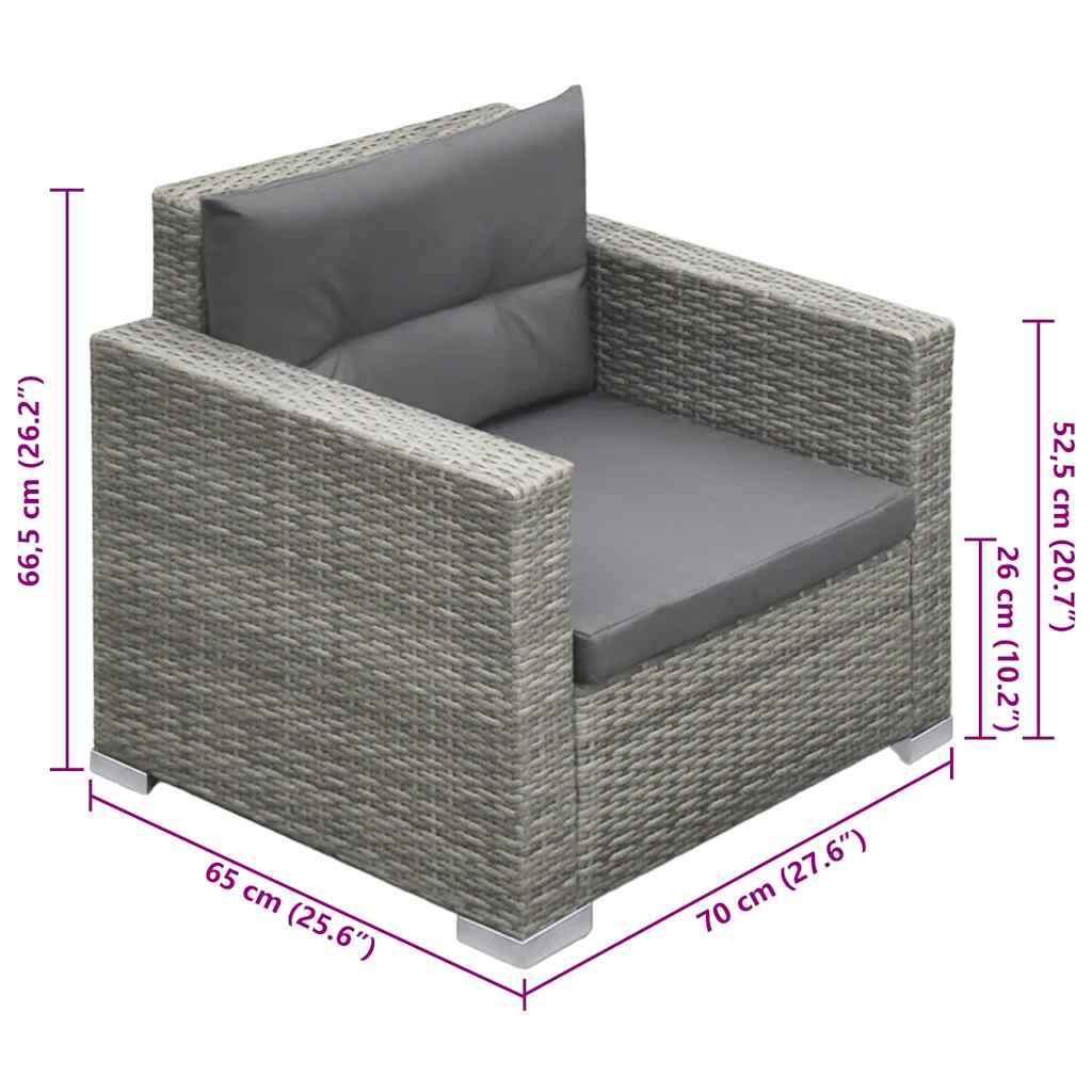 6 pcs conjunto lounge de jardim c/ almofadões vime PE cinzento