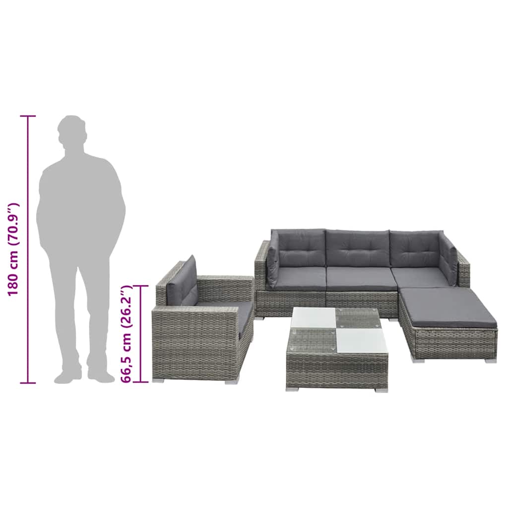 6 pcs conjunto lounge de jardim c/ almofadões vime PE cinzento