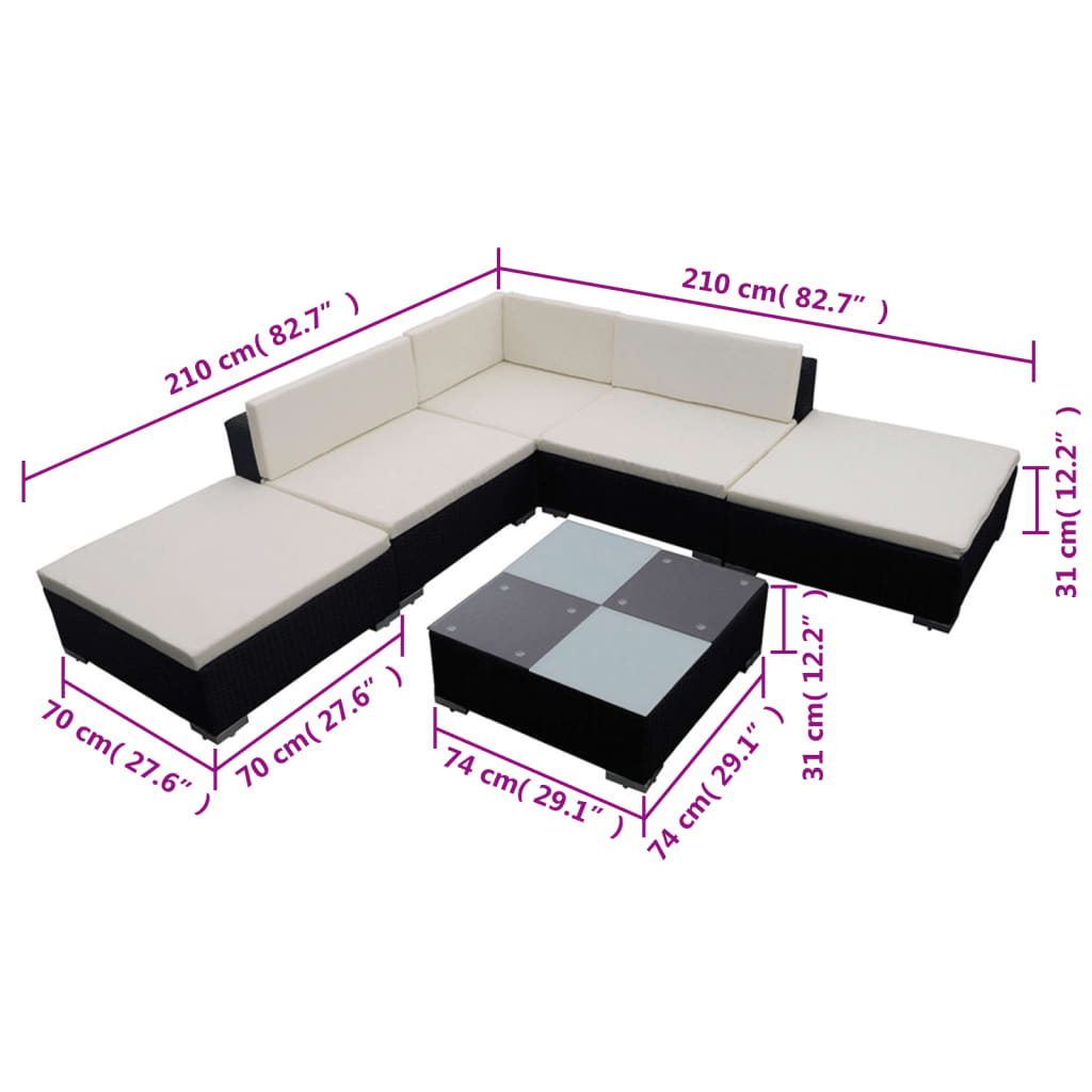 6 pcs conjunto lounge de jardim c/ almofadões vime PE preto