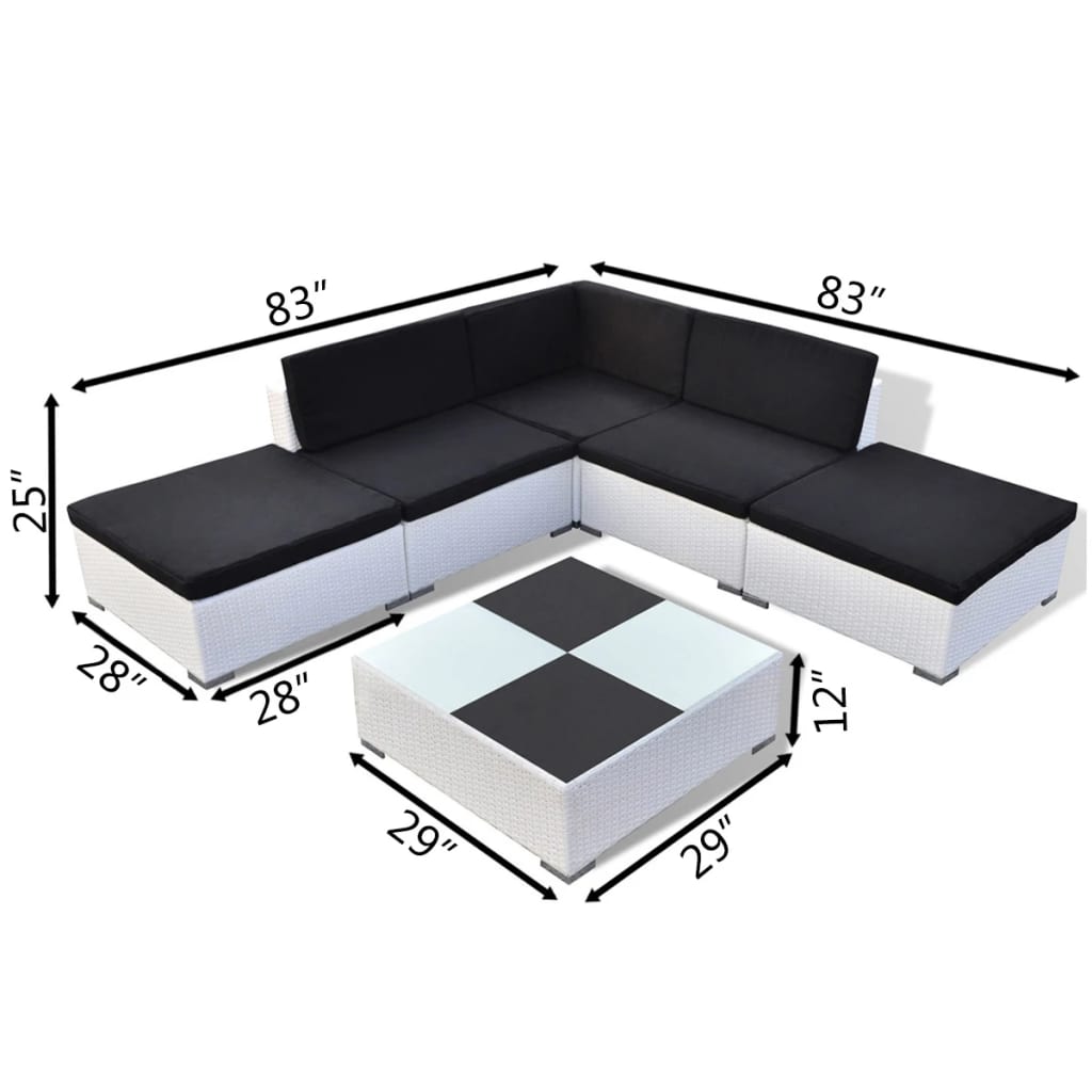 6 pcs conjunto lounge de jardim c/ almofadões vime PE branco