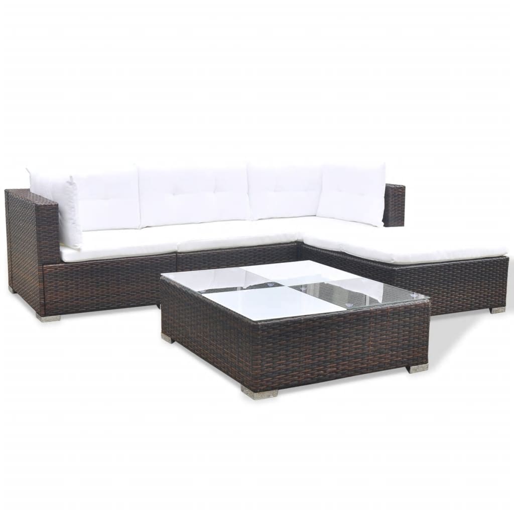 5 pcs conjunto lounge jardim c/ almofadões vime PE castanho