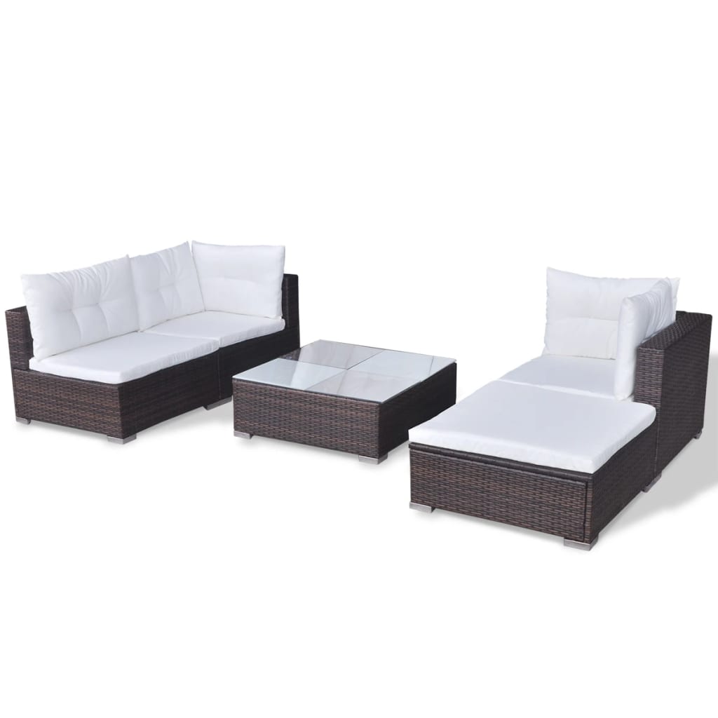 5 pcs conjunto lounge jardim c/ almofadões vime PE castanho