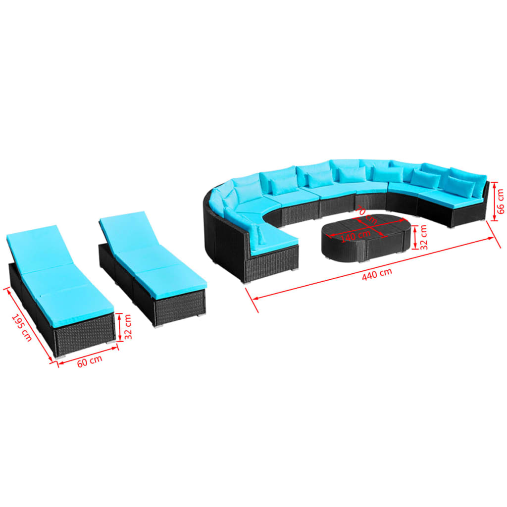 13 pcs conjunto lounge jardim c/ almofadões vime PE azul