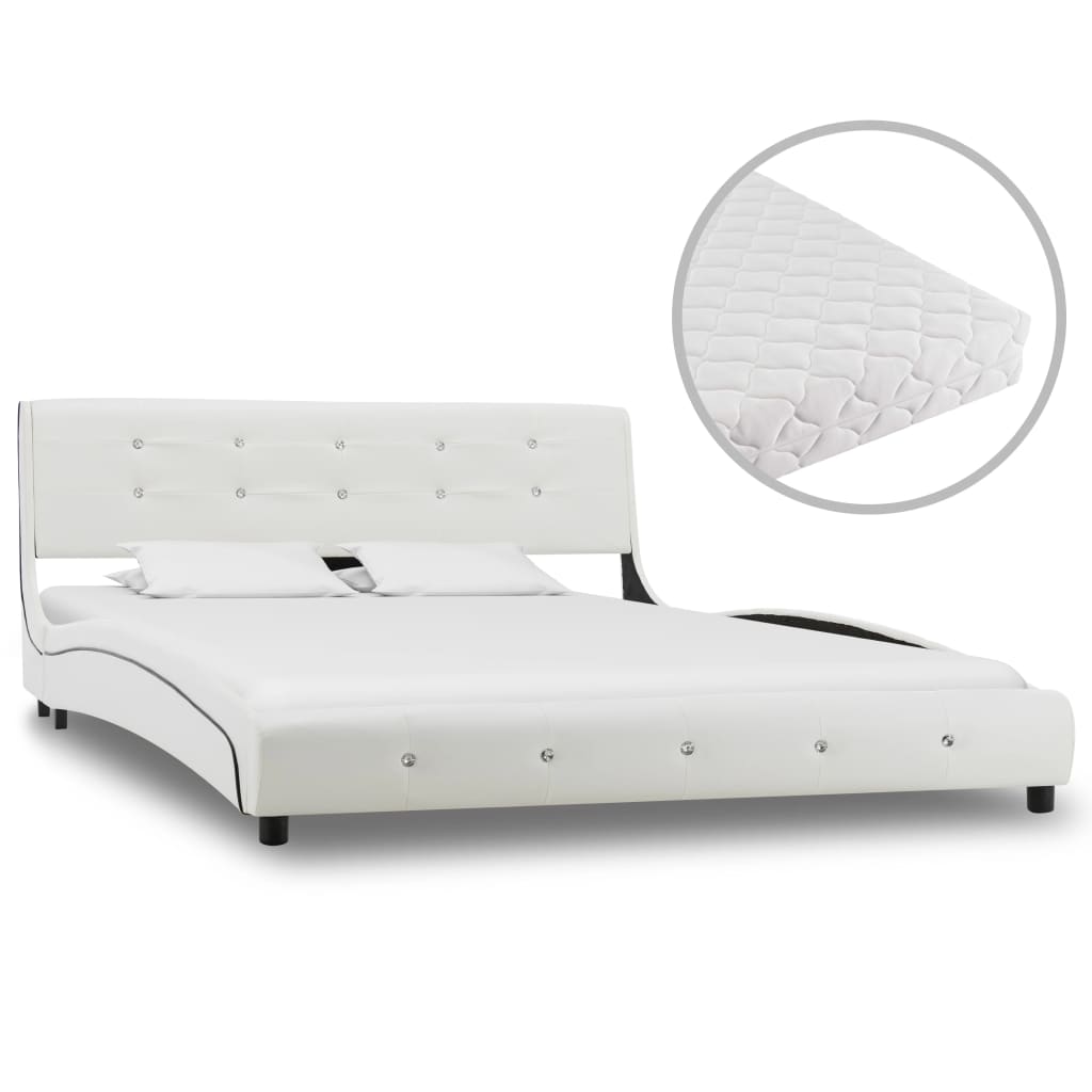 Cama com colchão 140x200cm couro artificial branco