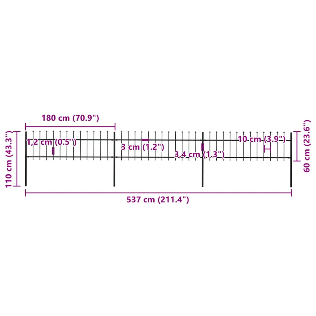 Cerca de jardim com topo em forma de lança em aço 537x150 cm, preta