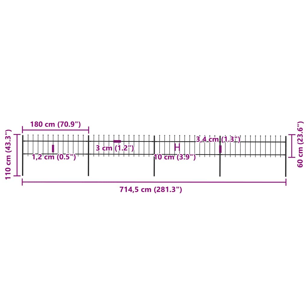 Cerca de jardim com topo em forma de lança em aço 714,5x150 cm, preta