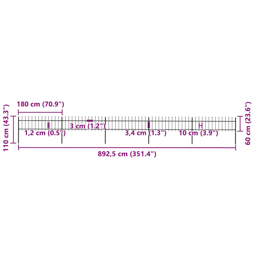 Cerca de jardim com topo em forma de lança em aço 892,5x150 cm, preta