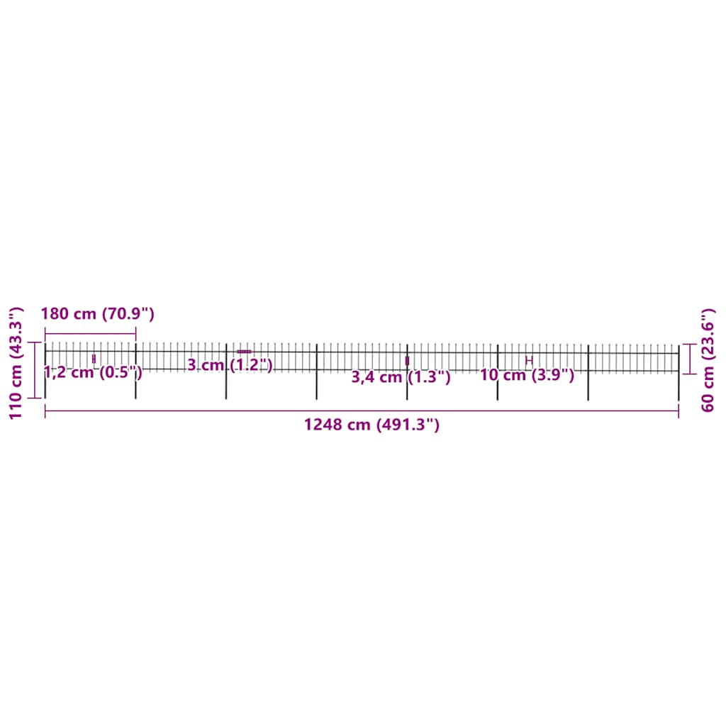 Cerca de jardim com ponta de lança em aço 1248x150 cm, preta