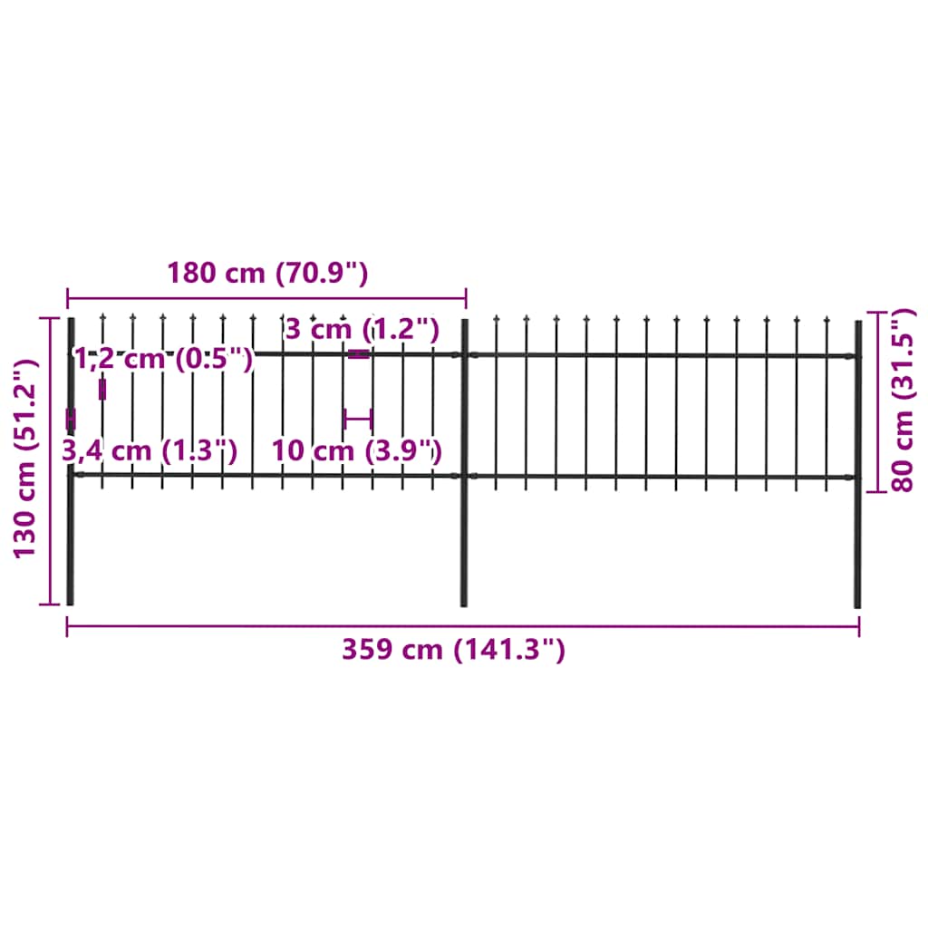 Cerca de jardim com topo em lanças 3,4x1,2 m aço preto