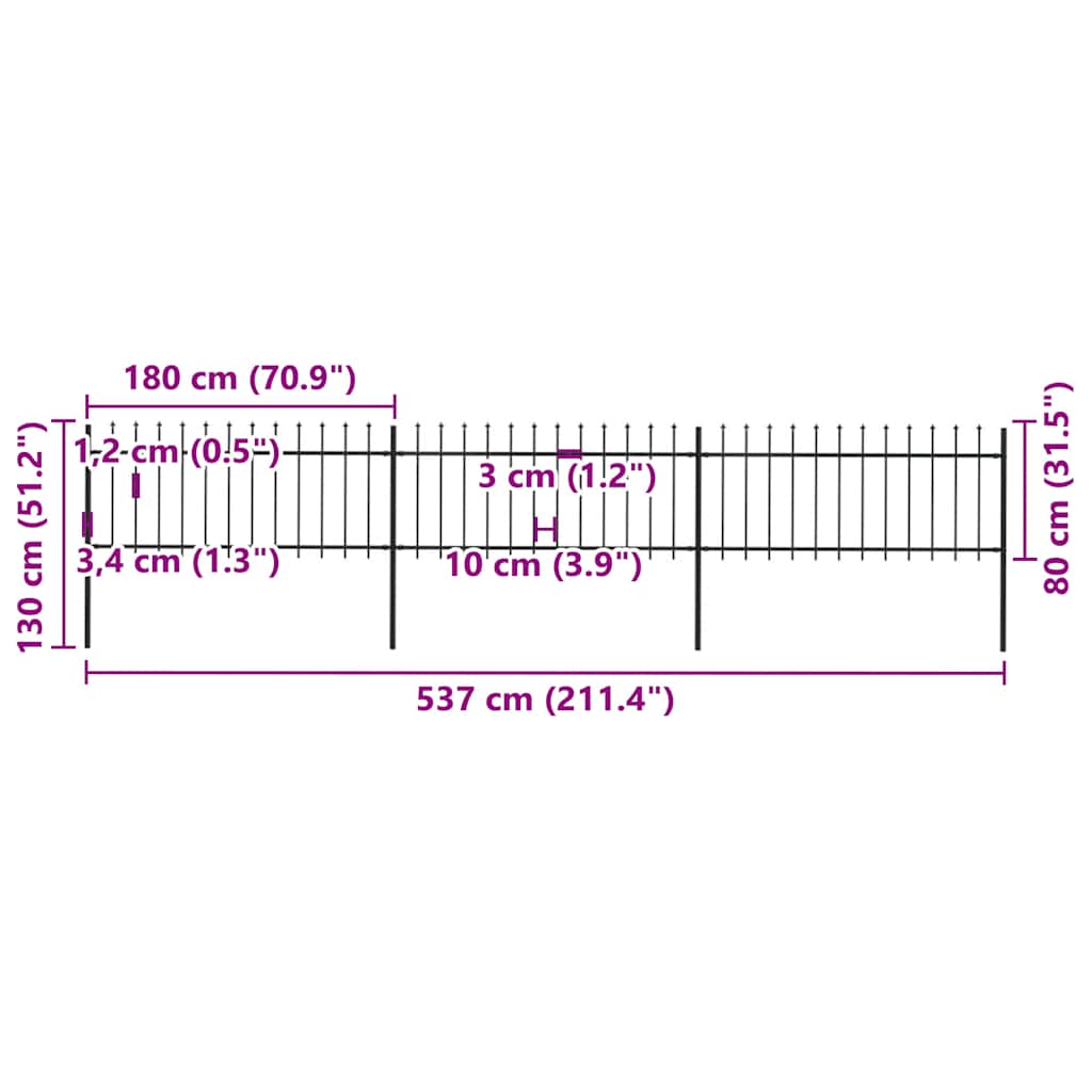 Cerca de jardim com topo em forma de lança em aço 537x150 cm, preta