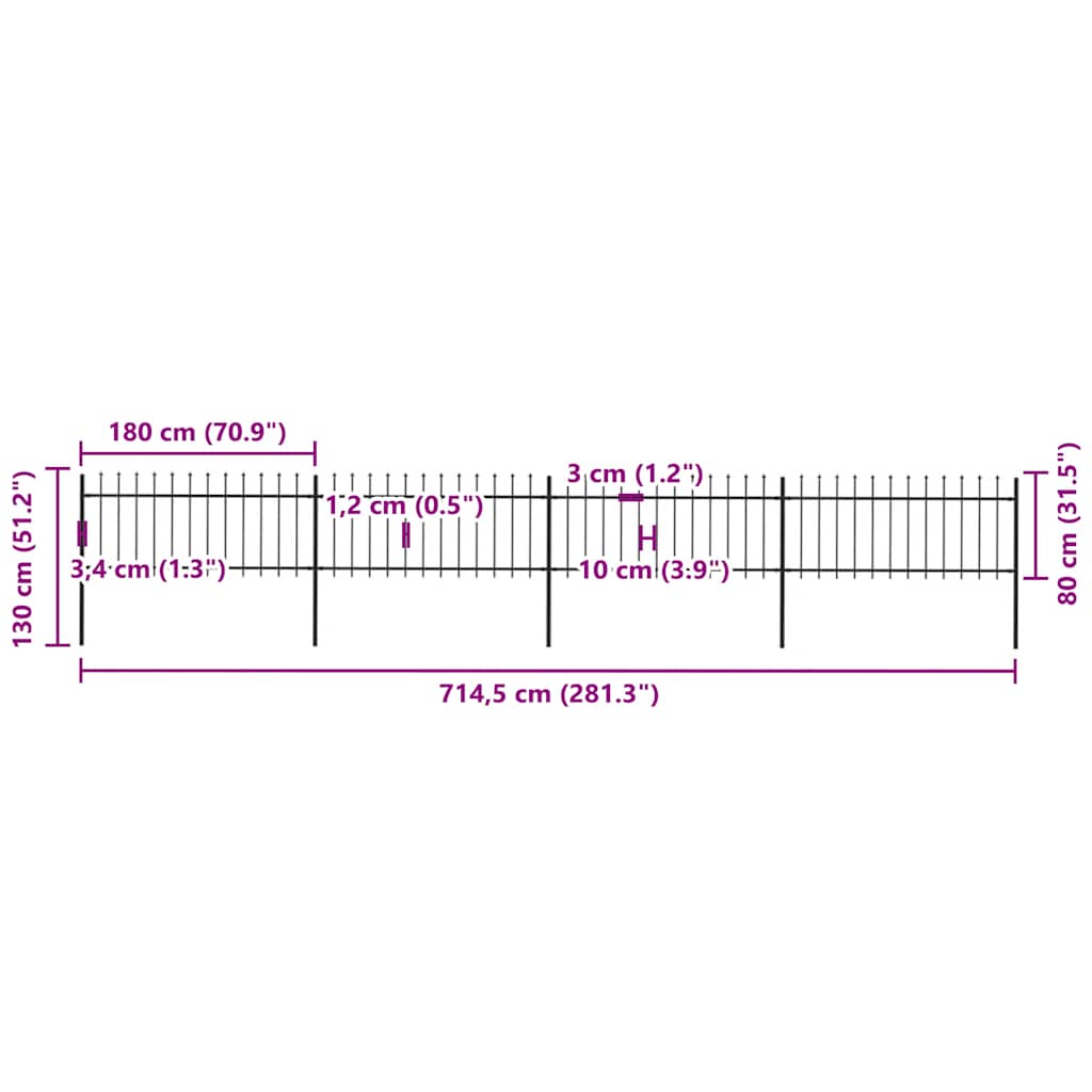 Cerca de jardim com topo em forma de lança em aço 714,5x150 cm, preta