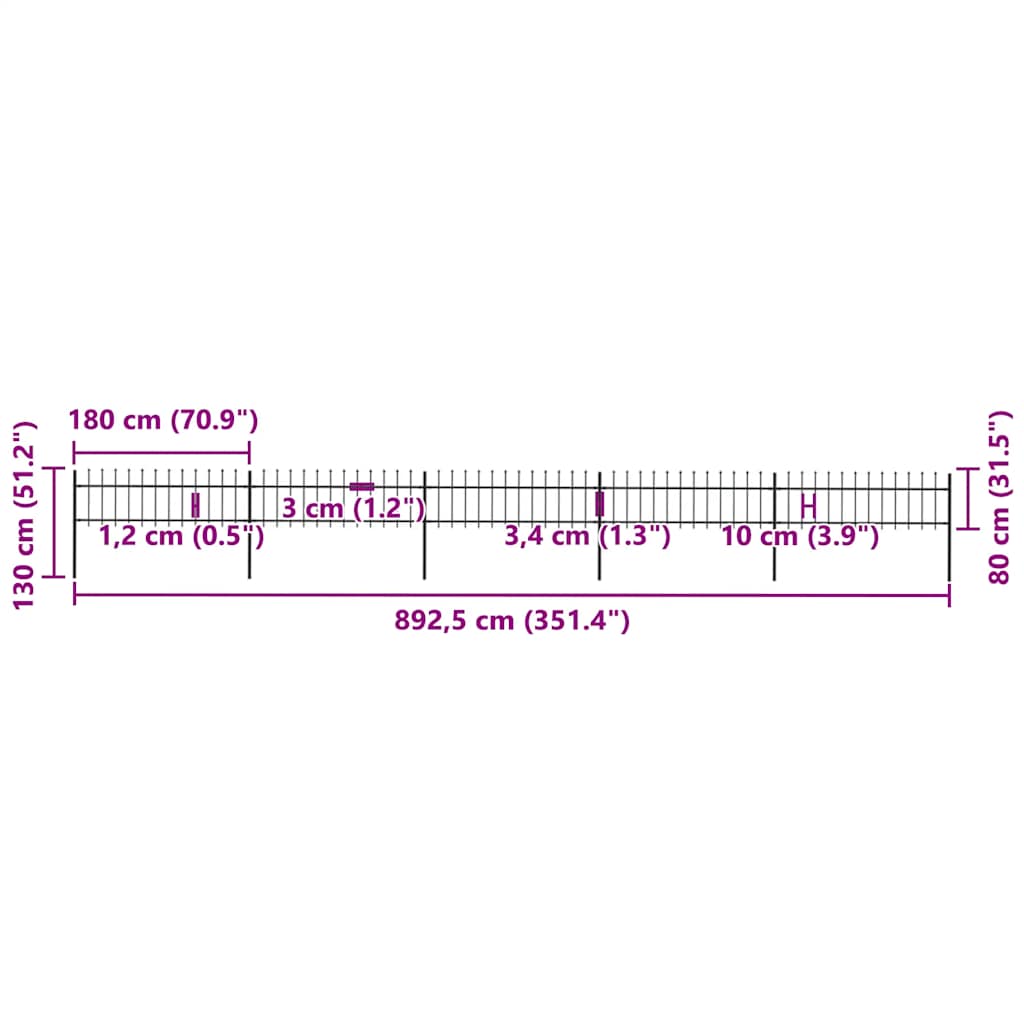Cerca de jardim com topo em forma de lança em aço 892,5x150 cm, preta