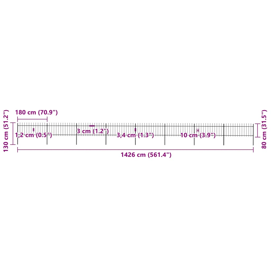 Cerca de jardim com topo em forma de lança em aço 1426x150 cm, preta