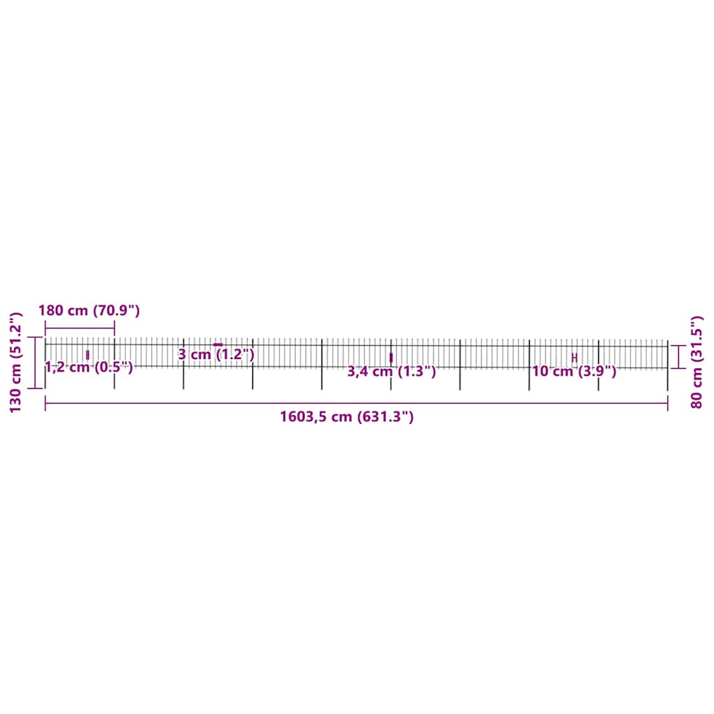 Cerca de jardim com topo em forma de lança em aço 1603,5x150 cm, preta