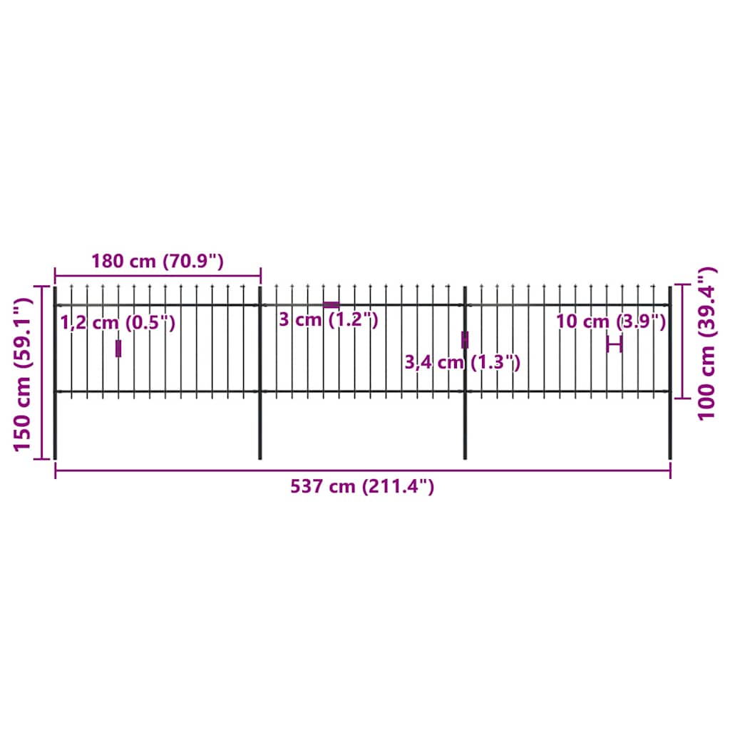 Cerca de jardim com topo em forma de lança em aço 537x150 cm, preta
