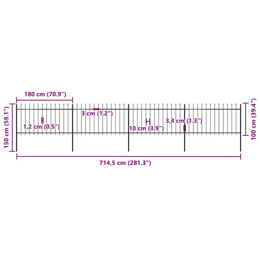 Cerca de jardim com topo em forma de lança em aço 714,5x150 cm, preta