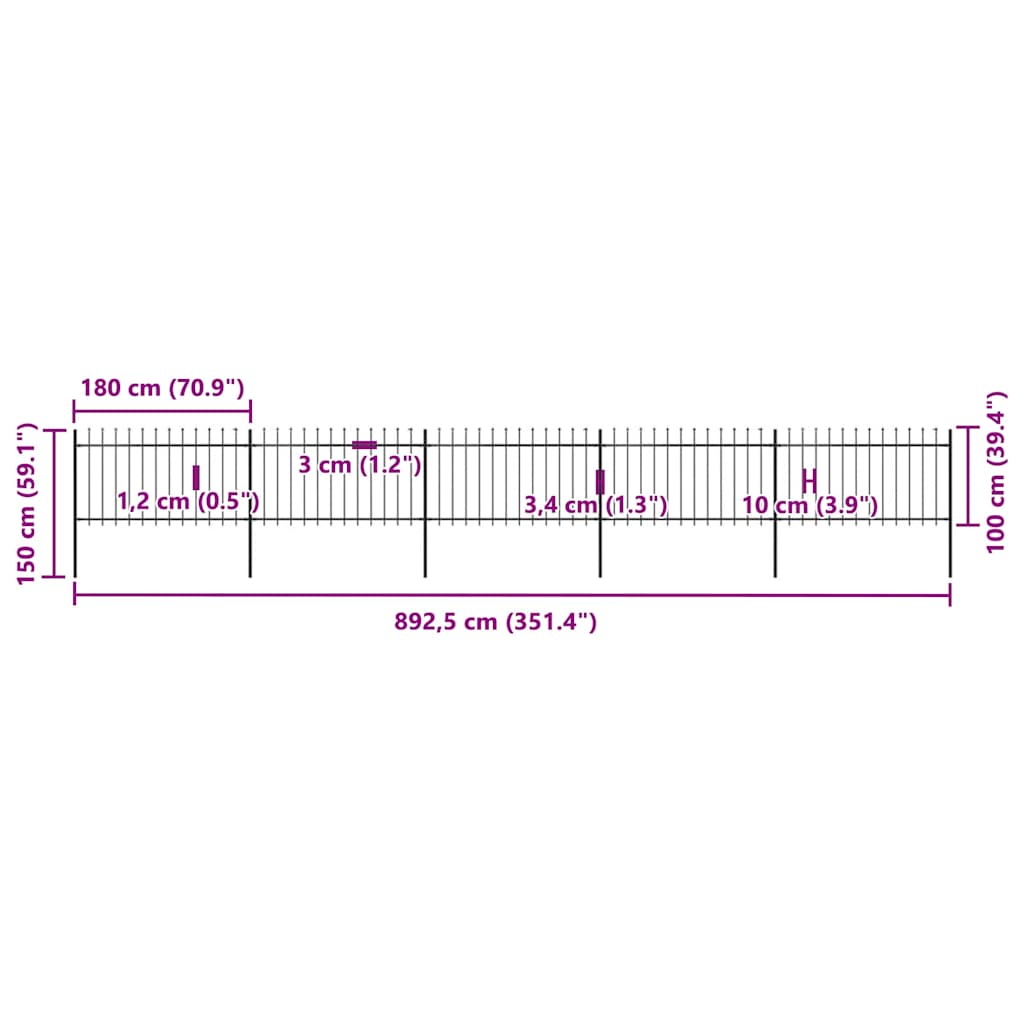 Cerca de jardim com topo em forma de lança em aço 892,5x150 cm, preta