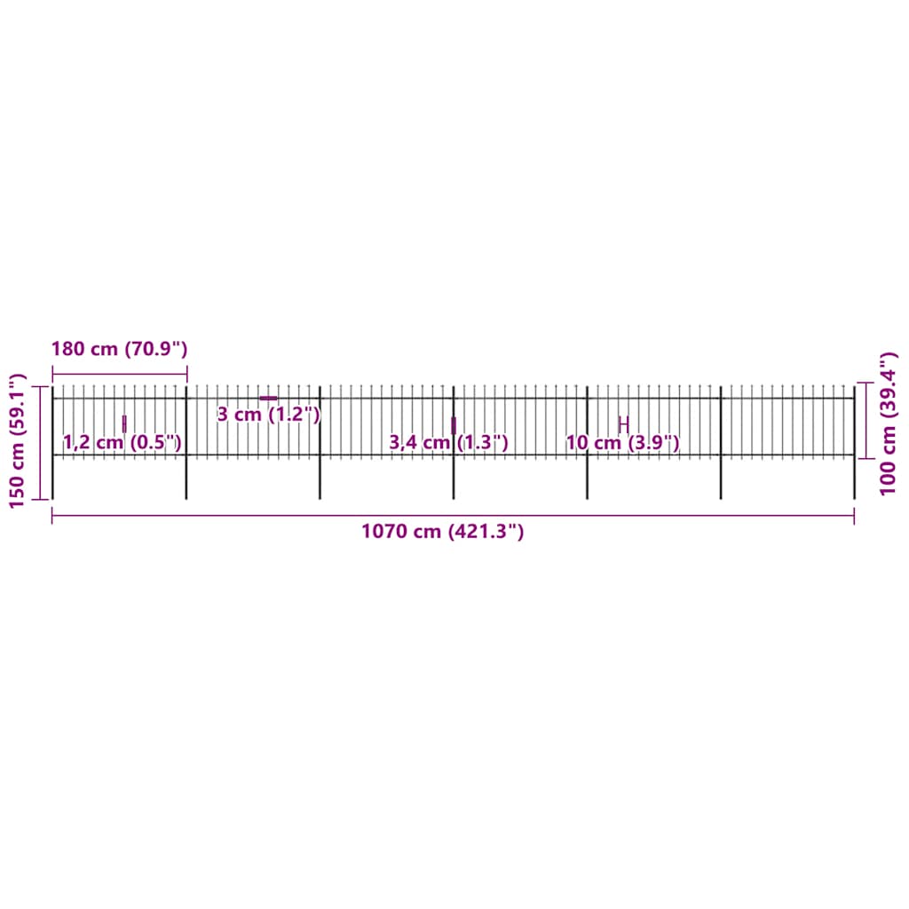 Cerca de jardim com topo em forma de lança em aço 1070x150 cm, preta