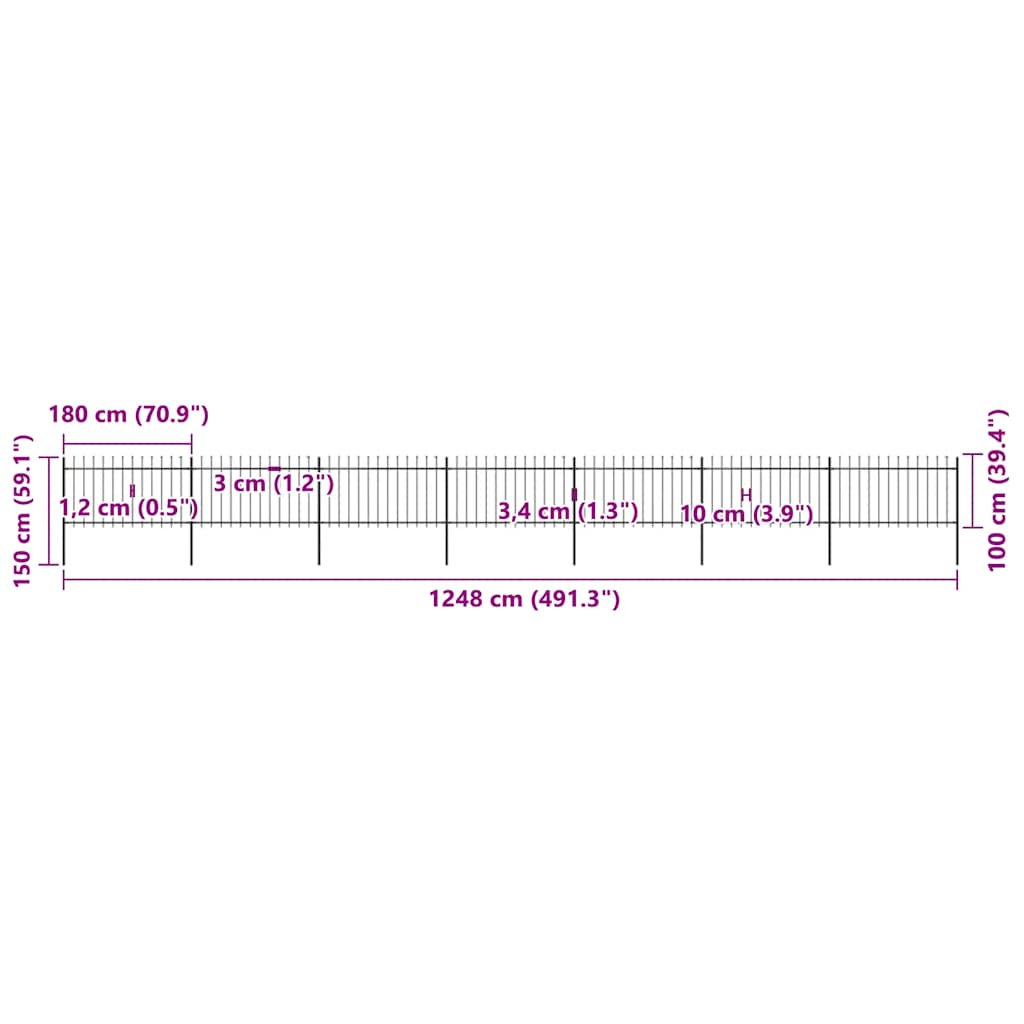 Cerca de jardim com ponta de lança em aço 1248x150 cm, preta