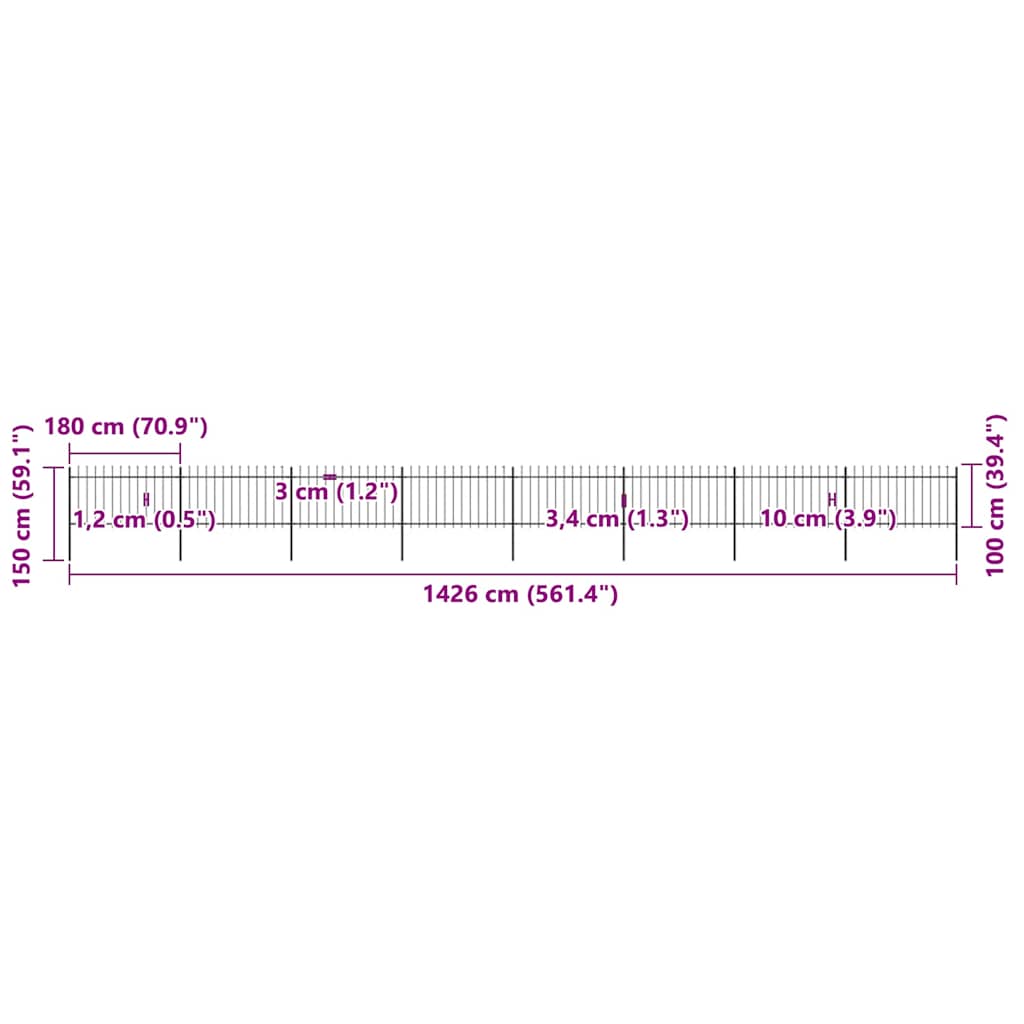 Cerca de jardim com topo em forma de lança em aço 1426x150 cm, preta