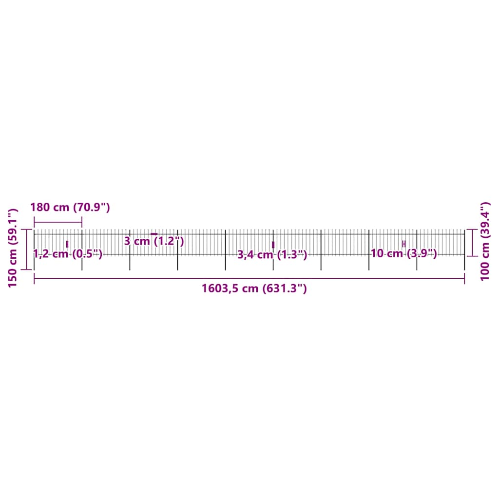 Cerca de jardim com topo em forma de lança em aço 1603,5x150 cm, preta
