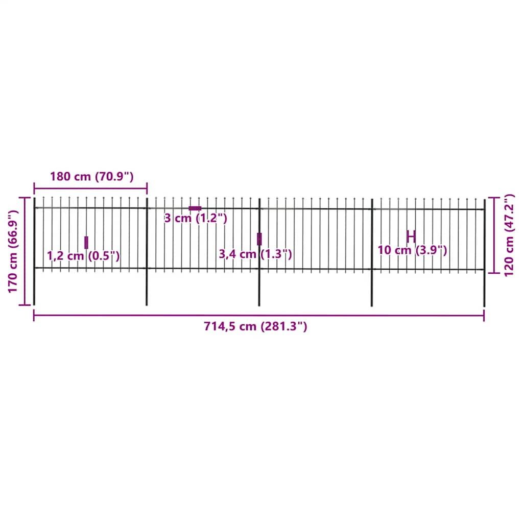 Cerca de jardim com topo em forma de lança em aço 714,5x150 cm, preta