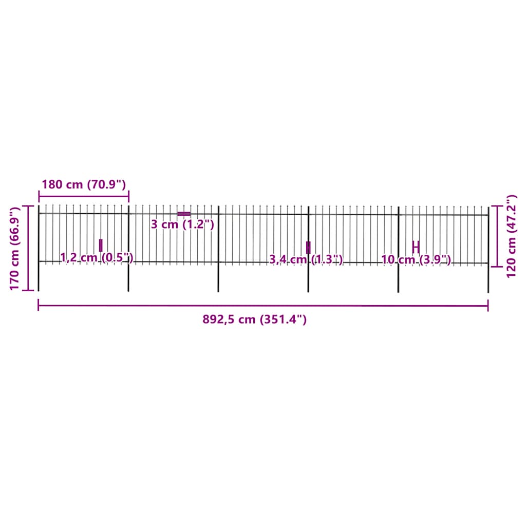 Cerca de jardim com topo em forma de lança em aço 892,5x150 cm, preta