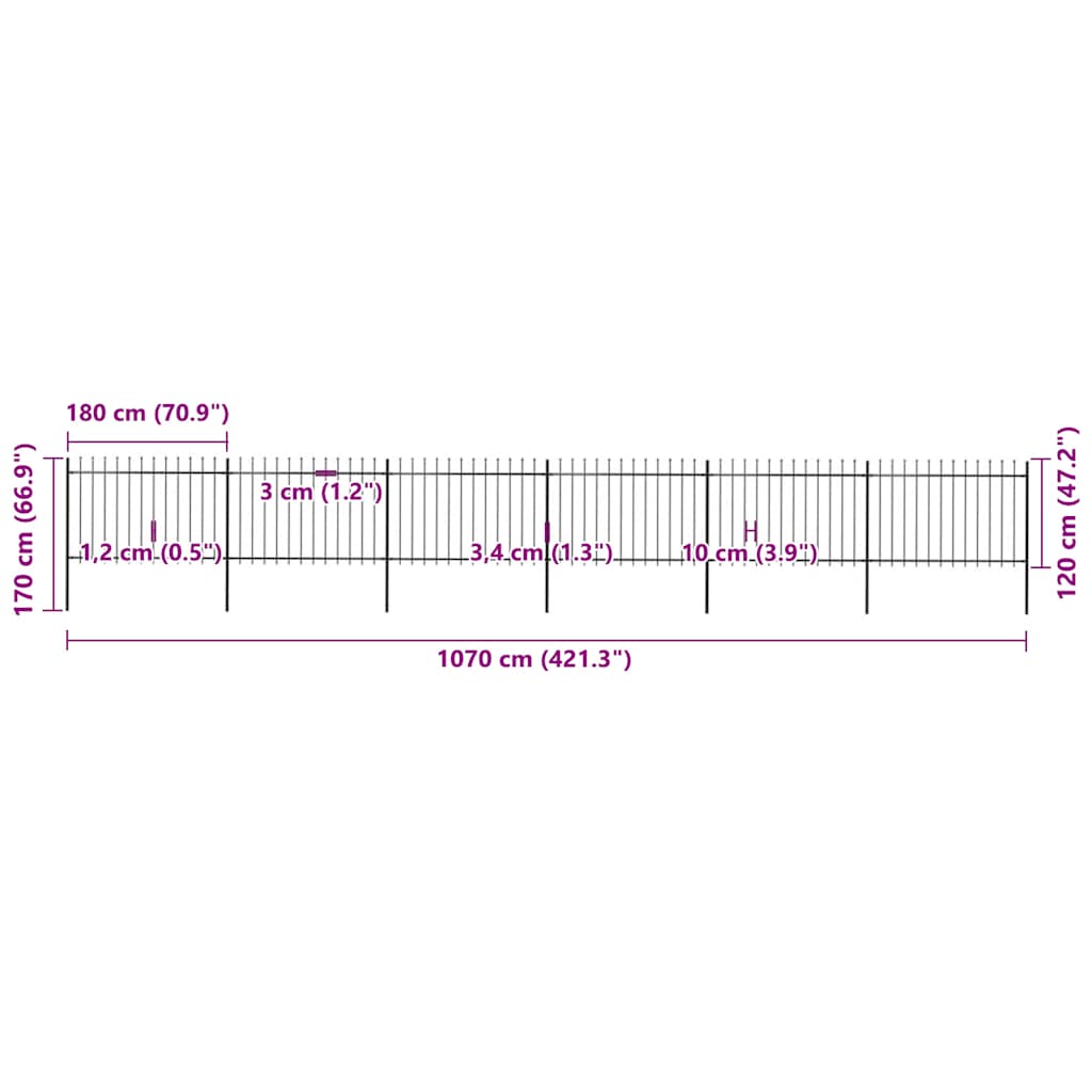 Cerca de jardim com topo em forma de lança em aço 1070x150 cm, preta