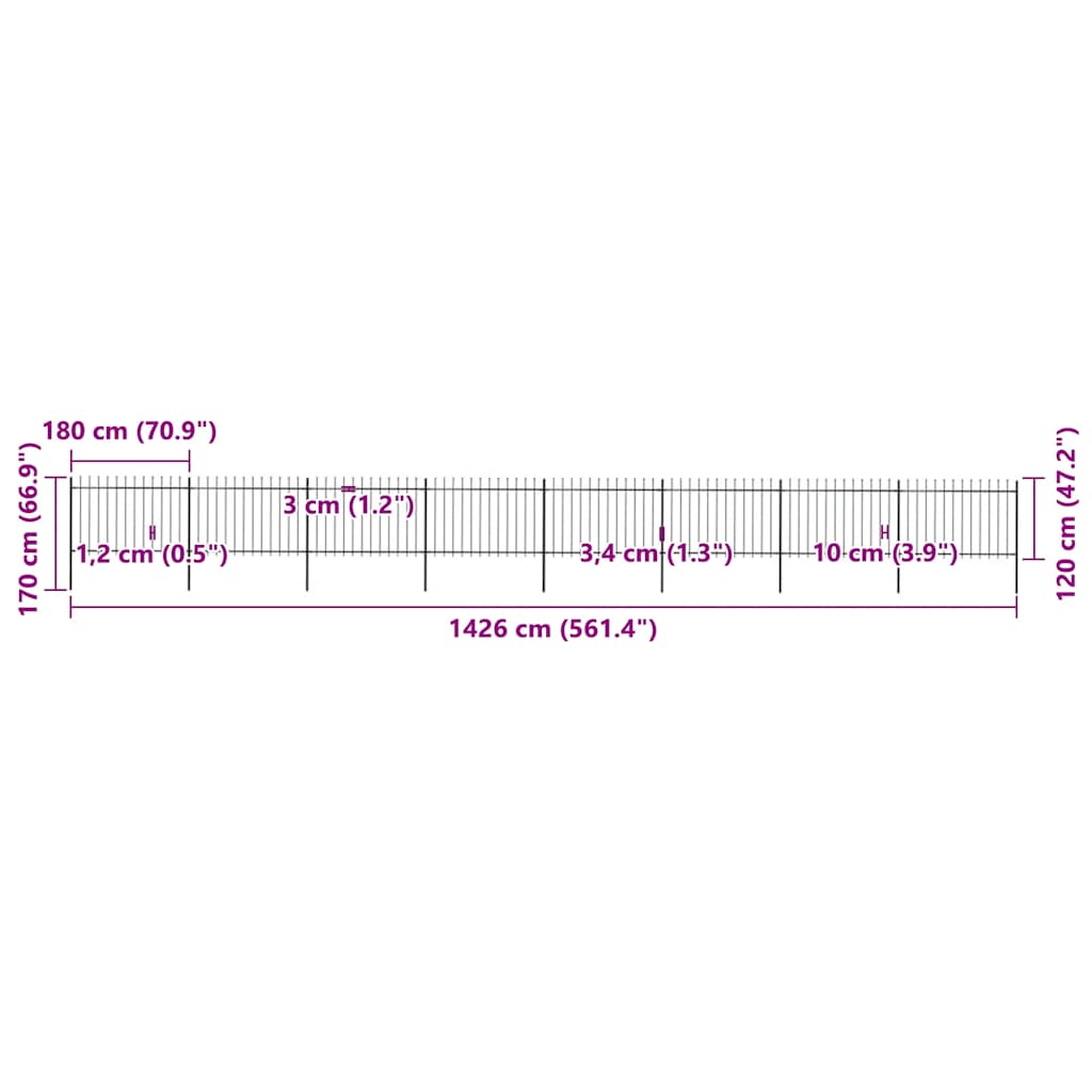 Cerca de jardim com topo em forma de lança em aço 1426x150 cm, preta