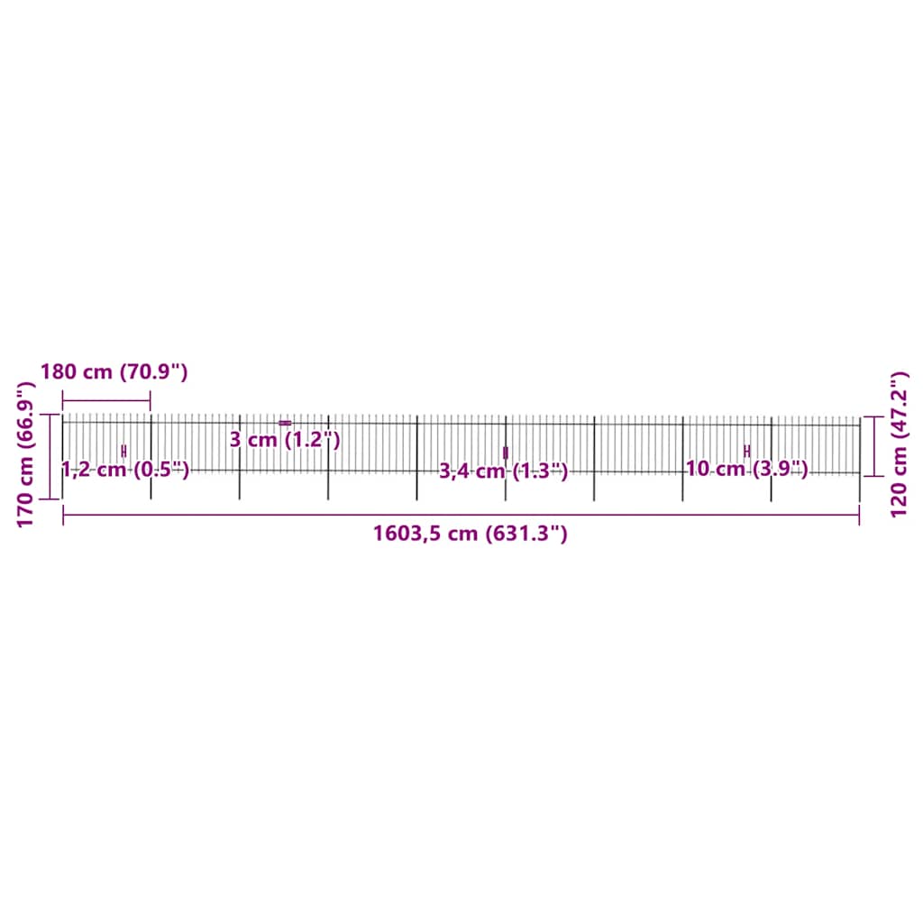 Cerca de jardim com topo em forma de lança em aço 1603,5x150 cm, preta