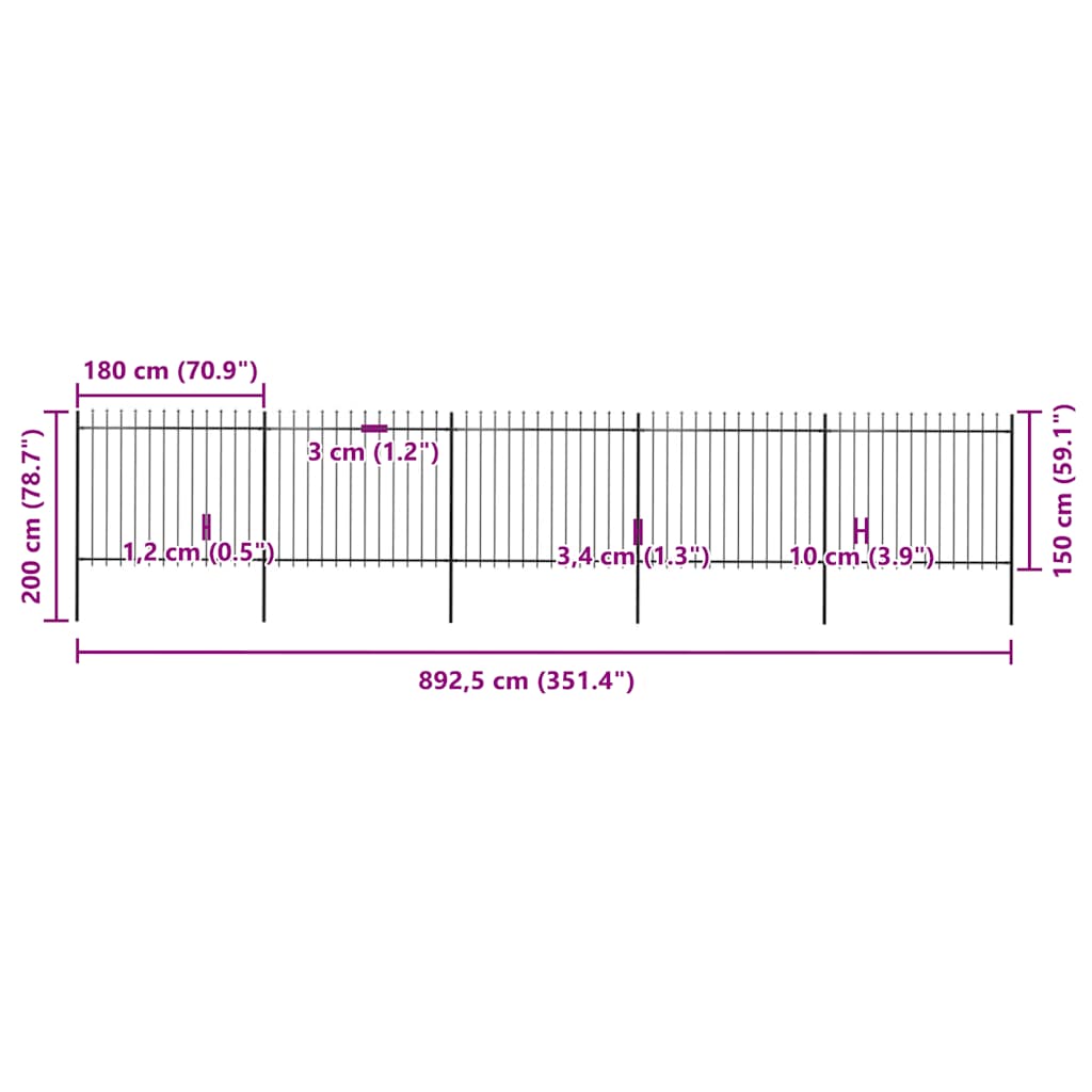 Cerca de jardim com topo em forma de lança em aço 892,5x150 cm, preta