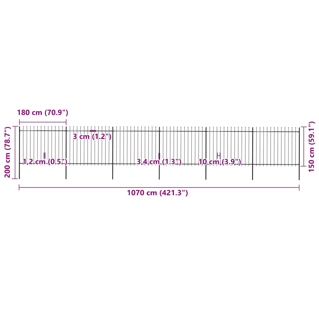 Cerca de jardim com topo em forma de lança em aço 1070x150 cm, preta