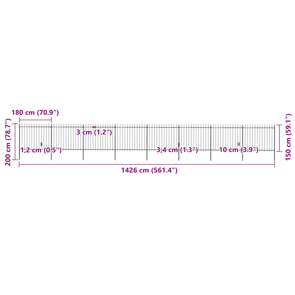 Cerca de jardim com topo em forma de lança em aço 1426x150 cm, preta