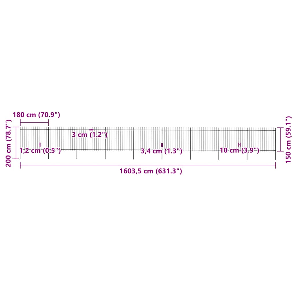 Cerca de jardim com topo em forma de lança em aço 1603,5x150 cm, preta
