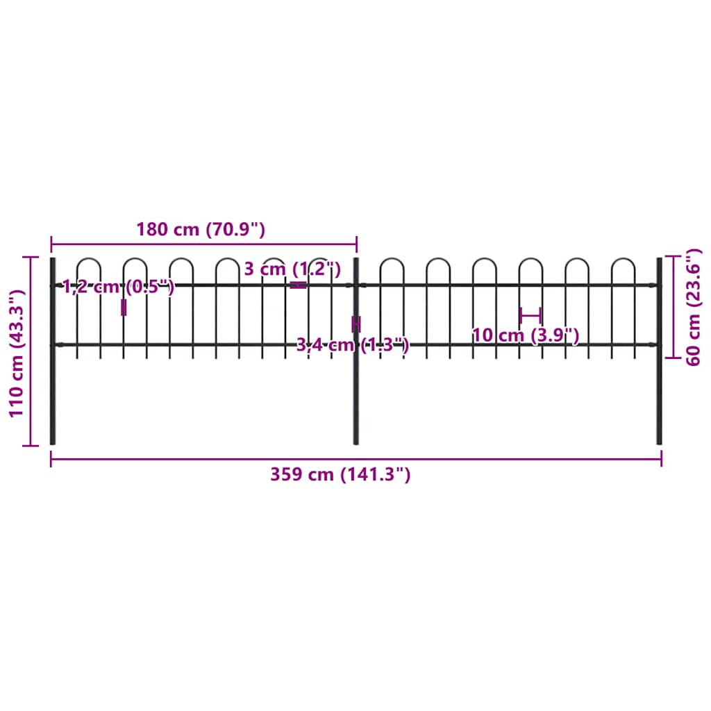 Cerca de jardim com arco superior em aço 359x150 cm preta