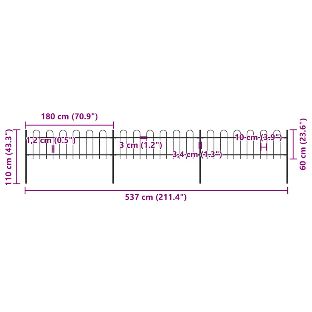 Cerca de jardim com arco superior em aço 537x120 cm preta