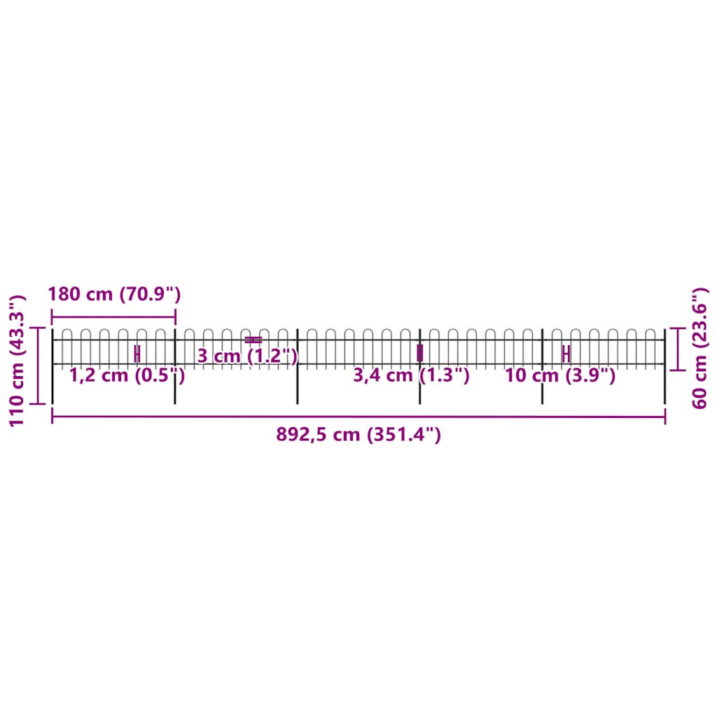 Cerca de jardim com arco superior em aço 892,5x150 cm preta