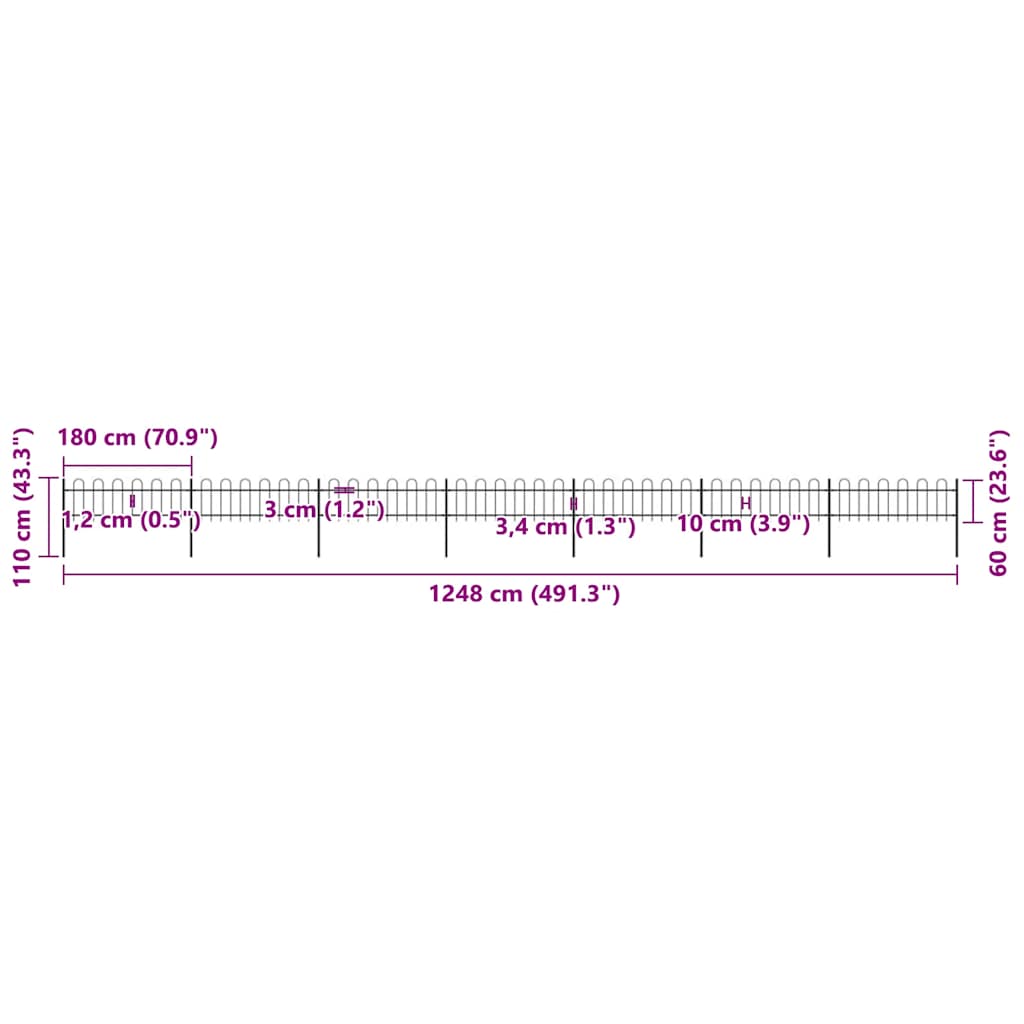 Cerca de jardim com arco superior em aço 1248x150 cm preta